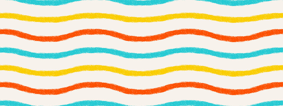 Rainbow playful baby wavy pattern with crayon and chalk texture. Seamless hand drawn bg with waves.