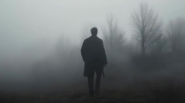 Man Walking Alone in Foggy Landscape.