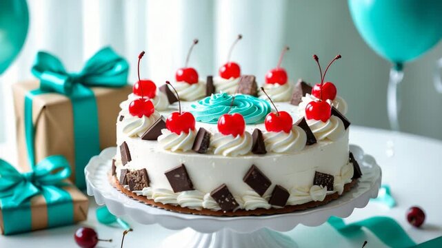 Cinematic, high angle panning shot of a delicious Black Forest birthday cake topped with whipped cream swirls, bright red maraschino cherries, and dark chocolate chunks