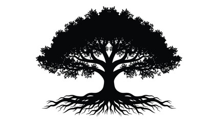 A majestic black silhouette of a tree with intricate roots and branches. isolated on white background, Vector © MDRaisul