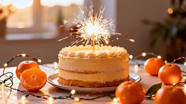 Cake with sparkler and oranges on table