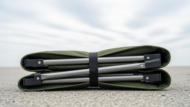 Folded Olive Green Portable Camping Cot with Sturdy Aluminum Frame Resting on Outdoor Gravel Under a Cloudy Sky