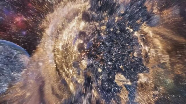 Cosmic explosion with debris and celestial body in space.