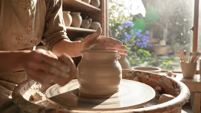 Artisan potter shaping clay on a spinning wheel crafting a handmade ceramic vessel in a sunlit studio