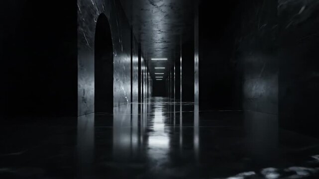 Dark Futuristic Hallway With Reflective Floor and Illuminating Lights, Inviting Journey Into Mystery