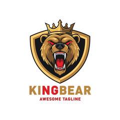 Powerful Roaring Bear Head Emblem with Crown - Vector Graphic Mascot Illustration