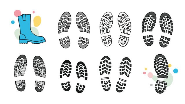 Set of different shoe and boot tread marks and footprints with a single blue rubber boot for outdoor activities.