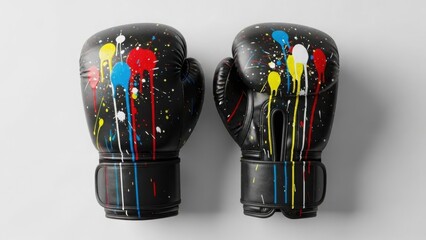Black boxing gloves with colorful paint splatter design on white background