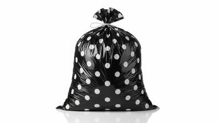 Black garbage bag with white polka dots tied with string on white