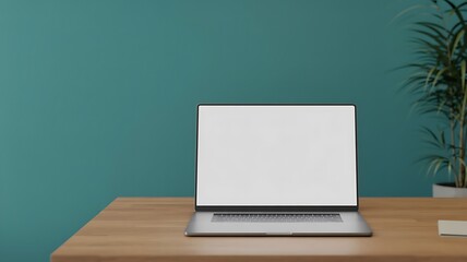A silver laptop on a wooden desk with a green wall and a potted plant in the background