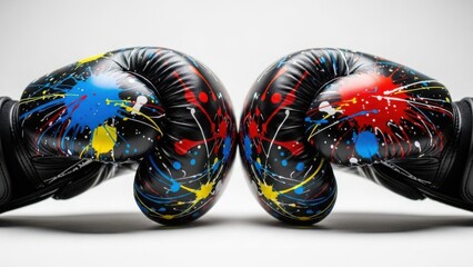 Two black boxing gloves facing each other, covered in colorful paint splatters