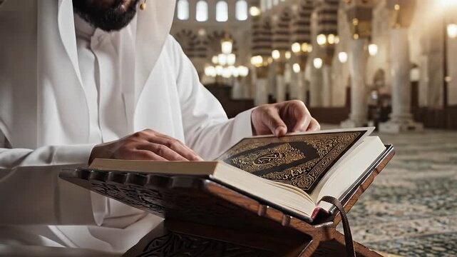 Man In White Religious Garb Reads The Koran In Ornate Mosque With Marble Floor And Golden Lanterns