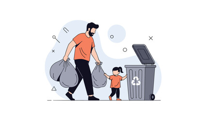 Responsible father and his young daughter disposing of garbage bags into a large recycling bin to protect environment.