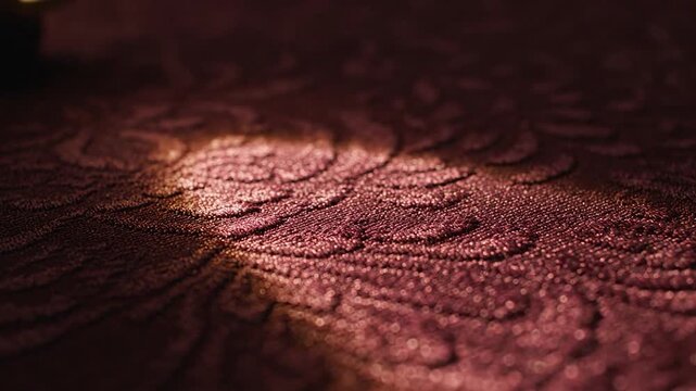 Close-up of a luxurious red damask fabric with a light spot.