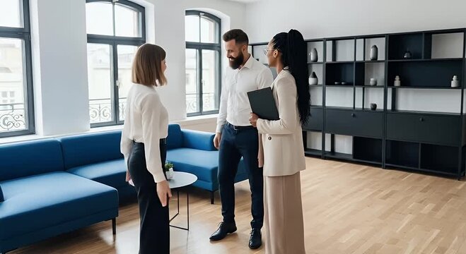 Three diverse business professionals shake hands in a modern well lit office space with hardwood floors and bright windows for a successful partnership