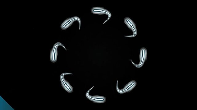 Glowing abstract comma shapes arranged in a circular pattern on a dark background.