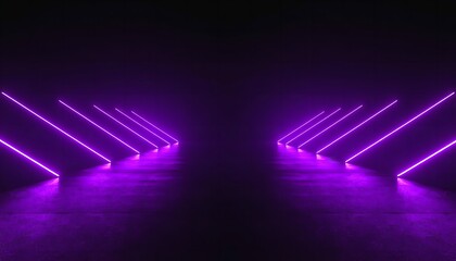 Naklejka premium Abstract dark environment featuring symmetrical rows of vibrant glowing neon purple light strips creating an intense futuristic pathway or stage setting