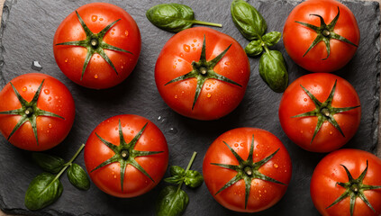 Fresh juicy tomatoes with vibrant red color and green leaves arranged on a dark slate surface creating a visually appealing display perfect for culinary and food-related themes