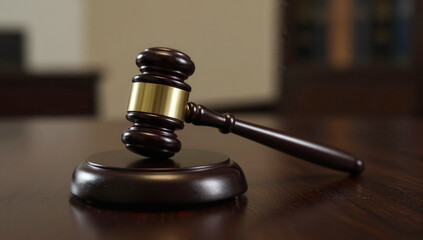 Judge gavel resting on sound block on wooden table in a courtroom setting with blurred background