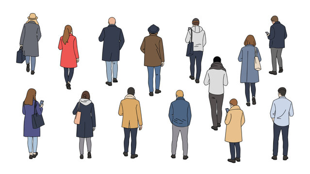 Diverse group of people in winter coats and casual clothes walking away from the camera on a plain white background for design projects.