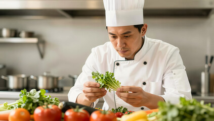 Male chef in a professional kitchen preparing fresh vegetables for a culinary dish with a focused expression and crisp white uniform and hat.