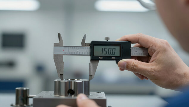 Precision engineering measurement being taken with a digital vernier caliper on a metal component in a workshop or laboratory setting with a focus on accuracy and quality control procedures.