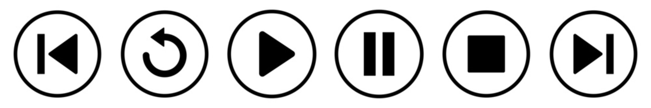 Media control icon set with previous, replay, play, pause, stop and next buttons. Outline circle style with solid glyph symbols for audio and video interface design