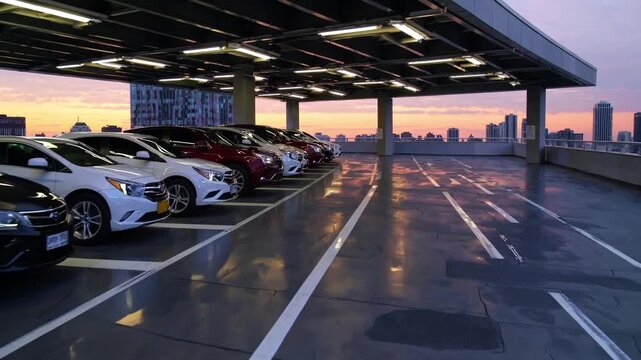 rooftop parking at sunset with reflective wet pavement, rows of parked cars, overhead canopy lights, city skyline silhouette, warm dusk colors, glossy surfaces, urban rooftop ambiance