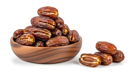 Obraz premium Pile of delicious dates inside a wooden bowl with transparent background