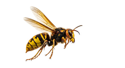 Close-up studio shot of a yellow and black striped wasp in flight, captured with sharp focus on its delicate wings and segmented body, isolated. isolated PNG with Transparent Background