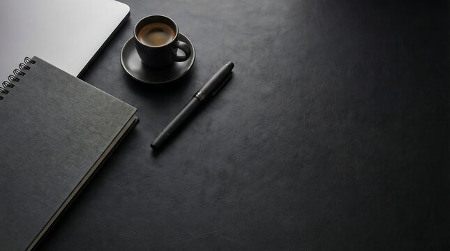 Dark modern executive workspace with laptop notebook pen and coffee