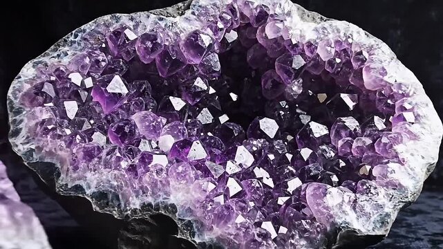 A geode cracked open revealing a galaxy of sparkling amethyst crystals, showcasing nature's intricate beauty and geological wonder.
