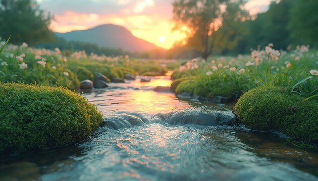 Gentle stream flows over mossy rocks through a vibrant meadow filled with delicate white flowers during a breathtaking golden hour sunset with soft light illuminating the natural landscape.