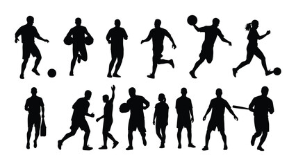 Obraz premium Diverse silhouettes of people engaged in various sports activities isolated on white background, Vector