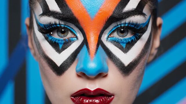 A close-up portrait of a woman's face with vibrant, abstract makeup, showcasing bold blue, orange, and black patterns on her eyes, nose, and lips.