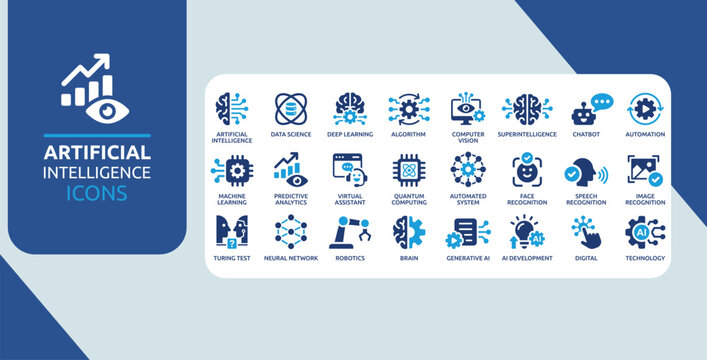 Artificial Intelligence and Machine Learning Icon Set Blue Data Science Neural Network Robotics Automation Symbols