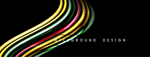 Abstract lines create dynamic flow, vibrant colors against dark backdrop. Modern design element for digital projects.