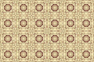 Seamless pattern with gold ornaments and brown chocolate hazelnut shells featuring circles of healthy raw nuts and macro snail shells isolated on white © abduh