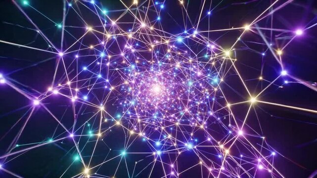 glowing neural network with colorful nodes and connective filaments, twinkling synapselike lights form dense cluster, ideal for AI simulation visualization or neuroscience presentation by researcher