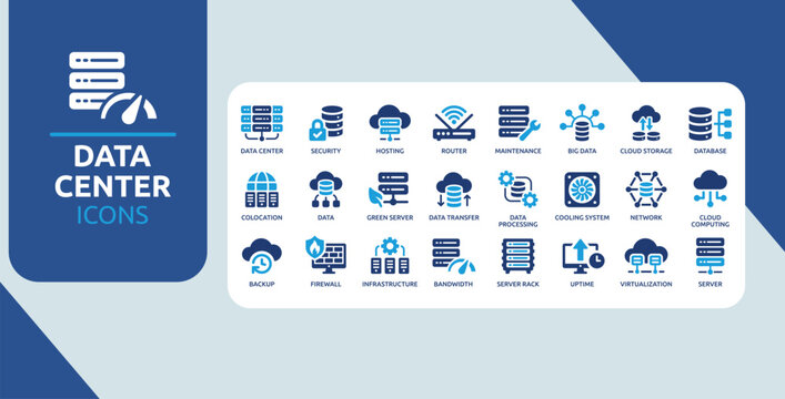 Data Center and Cloud Infrastructure Icon Set Blue Server Network Database Security Backup Symbol