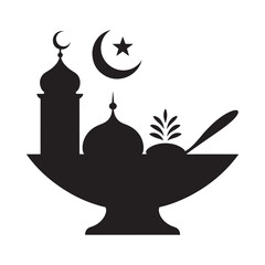 Silhouette of a mosque crescent moon and star with decorative elements