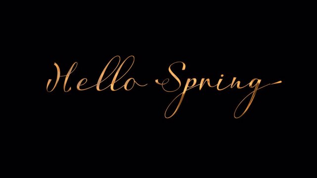 Hello spring in elegant gold calligraphy against a black background. Perfect for springthemed social media posts, greeting cards, and invitations.