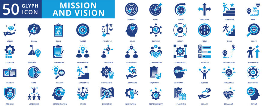 mission and vision icon set flat contain purpose, goal, ambition, path, value, strategy, plan, drive, target, alignment, priority, innovation, core value, leadership, motivation, objective, success