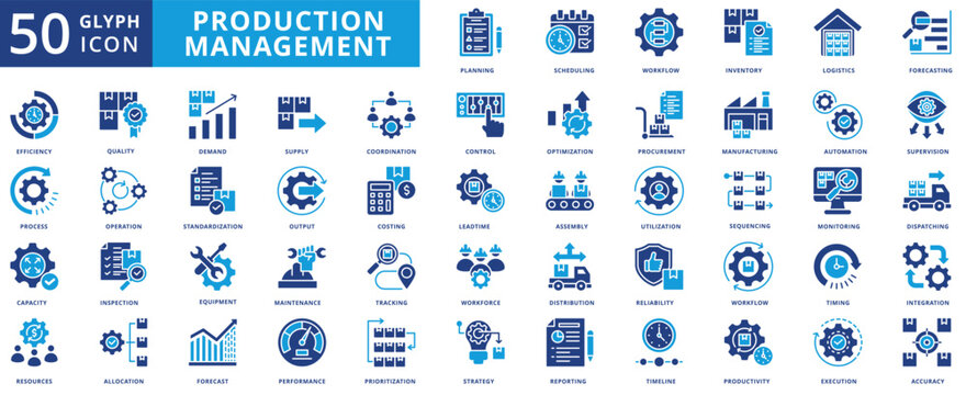 production management icon pack flat contains planning, scheduling, workflow, inventory, logistics, forecasting, efficiency, process, capacity, resources, procurement, optimization, utilization