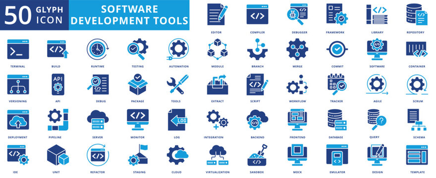 software development tools icon pack flat contains versioning, flow chart, refactor, merge, mock, sandbox, ide, editor, compiler, debugger, framework, library, repository, terminal, deployment