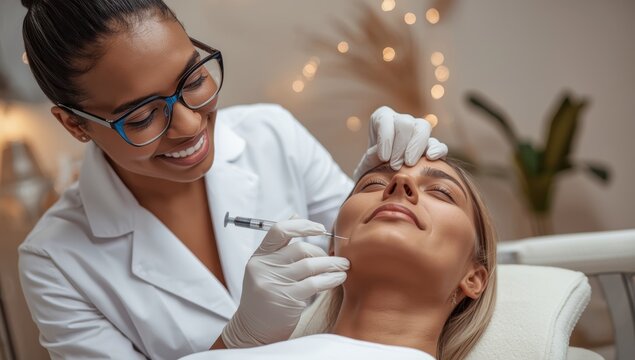 A beautician administers fat-burning injections to reduce a woman's double chin in a salon setting