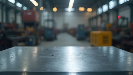 Fototapeta premium Empty Steel Tabletop with Blurred Factory Background for Business Presentation