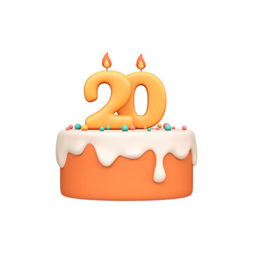 Cartoon 3D Birthday Cake with Candle Number 20.