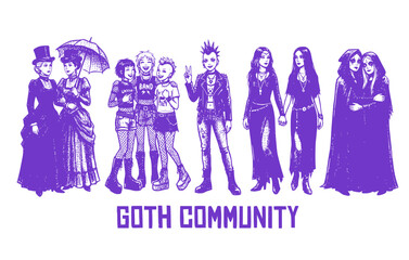Obraz premium Black White Halftone Goth Girls Group Alternative Set 5 Sketch Multiple Fashion-Gothic Style Community Diverse Vector Set