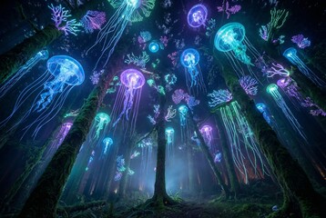 Fototapeta premium Glowing jellyfish illuminating a mystical forest with vibrant colors.